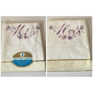 Vtg His Hers Pillowcases Set 2 Purple Floral Embroidery Cotton NIP Cottagecore